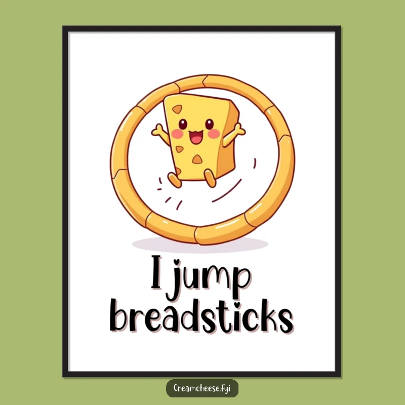 Funny Cheese Wedge Poster: Breadstick Hoop Leap, Whimsical Snack Wall Art!