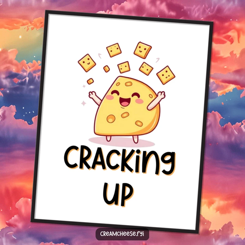 Funny cheese wedge poster, a whimsical character joyfully juggling tiny crackers, a delightful piece of art.