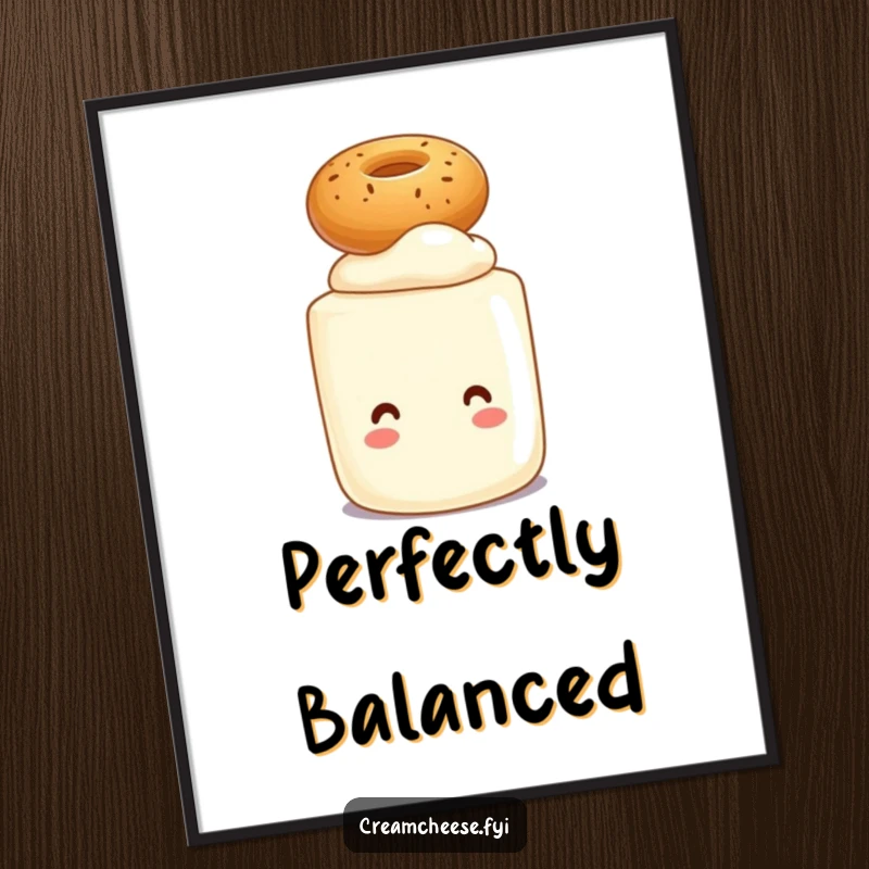 Funny poster featuring a smiling cream cheese tub character balancing a tiny bagel on its head, perfect for kitchen decor.