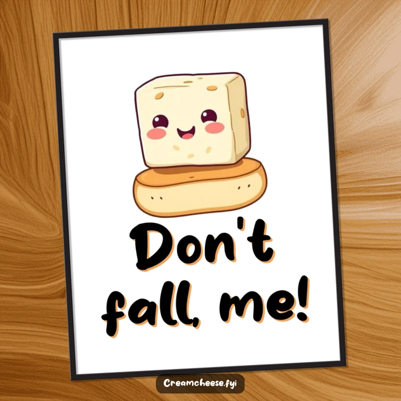 Funny cream cheese cube in a comical balancing act on a bagel, displayed as a poster. A delightful and humorous food illustration, perfect as a funny gift.