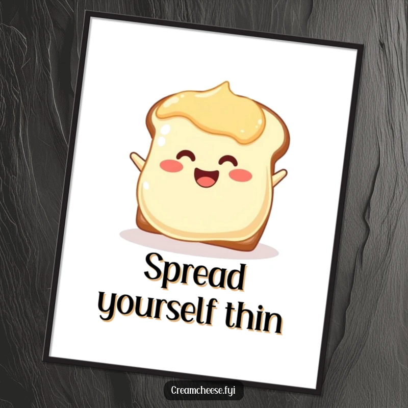 Funny joyful cream cheese blob poster enthusiastically spreading onto toast, a cheerful and appetizing wall art.