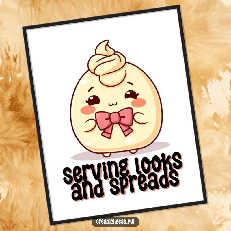 Funny Poster art of a charming cream cheese character performing a gracious bow, offering a serving, suitable for humorous wall decor.