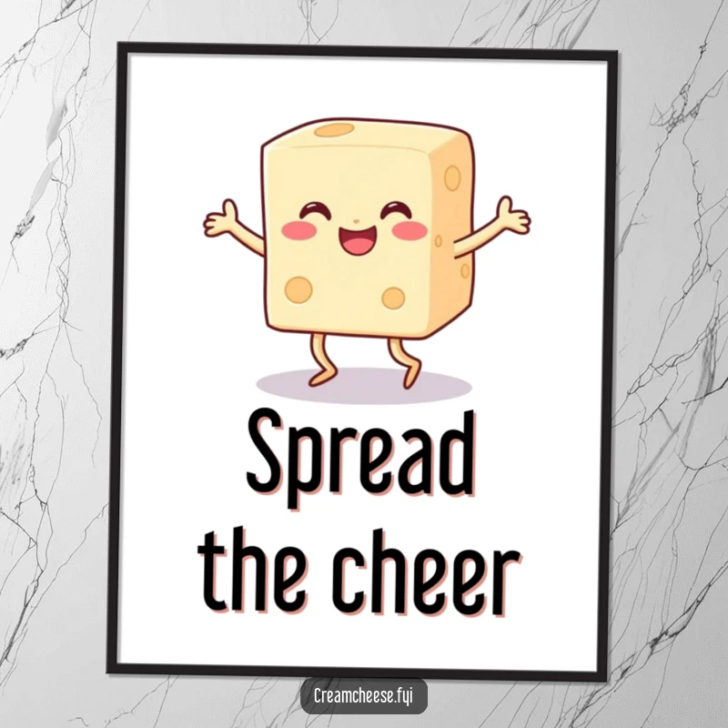 Funny happy cream cheese block with legs doing a joyful dance, displayed as whimsical wall art on a poster.