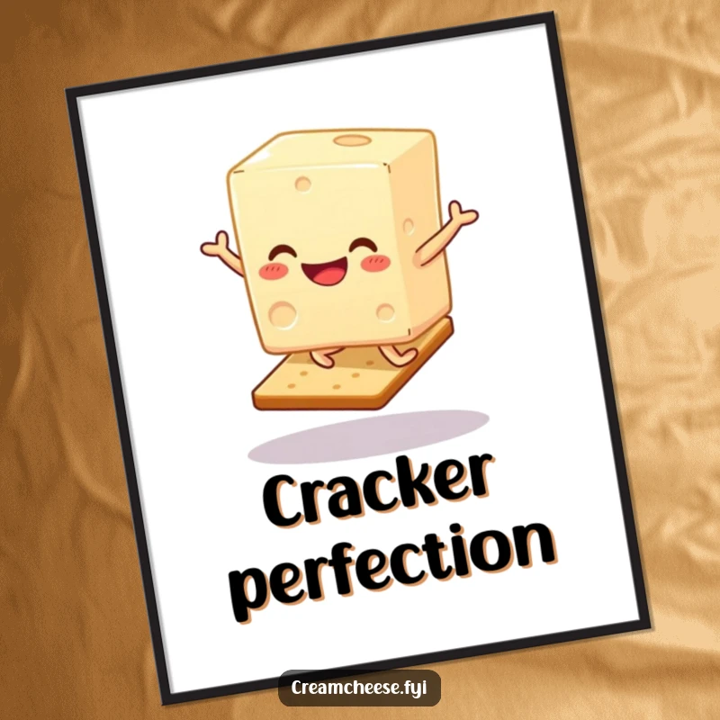 Funny Cream Cheese Hop Poster: A cheerful cream cheese block takes a joyful hop on a cracker, a lighthearted illustration.