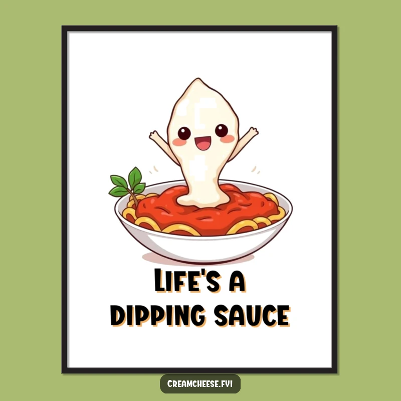 Funny Cream Cheese Pasta Leap Poster: Whimsical Cartoon Wall Art