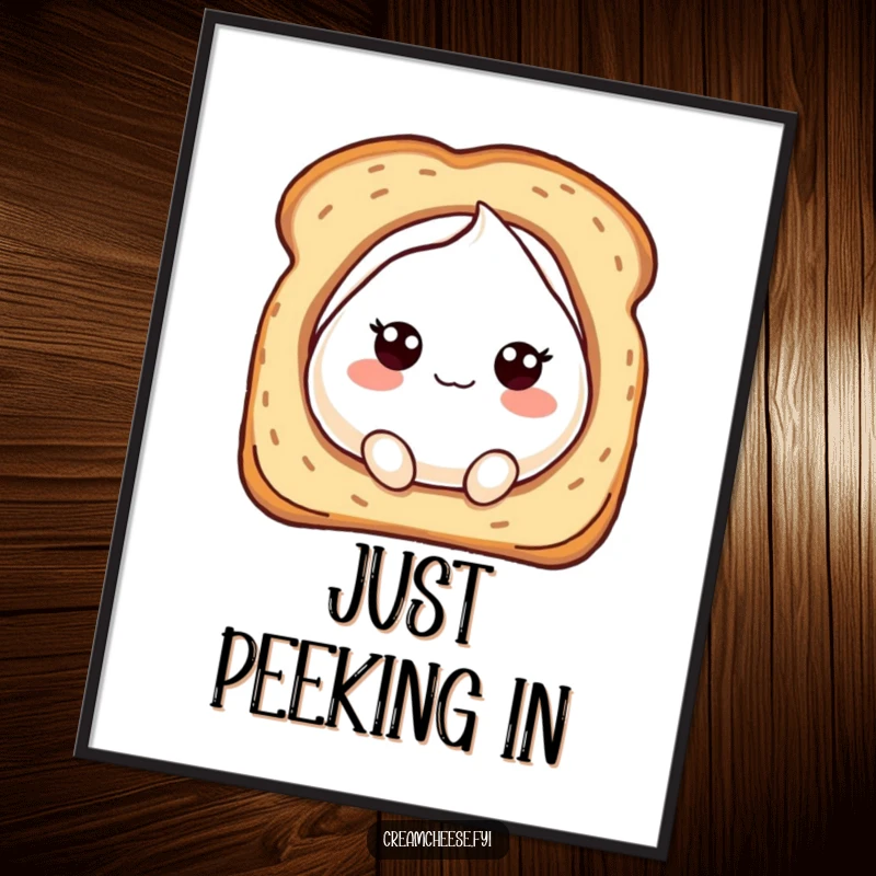 Funny poster art of a bubbly cream cheese character playfully peeking out from a hole in toasted bread, full of charm.