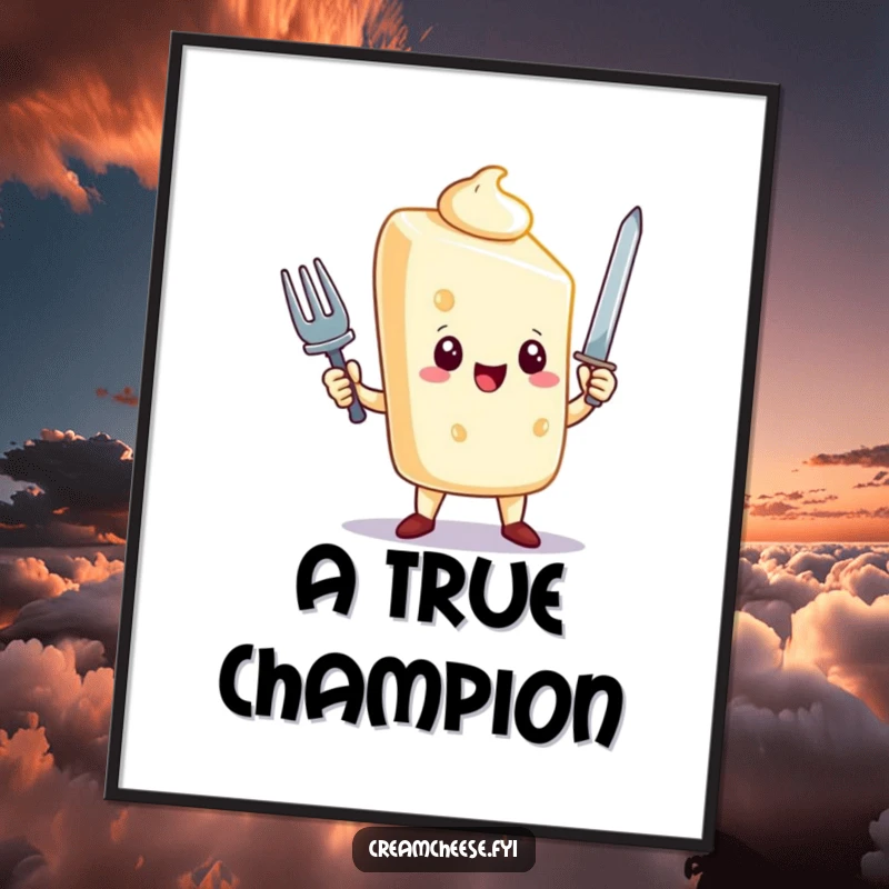 Funny cream cheese character poster, triumphantly wielding a fork like a sword, motivational art, perfect funny gift.