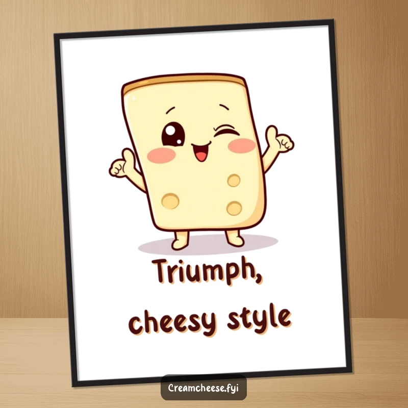 Funny poster art of a winking cream cheese wedge striking a triumphant pose, perfect for kitchen decor.