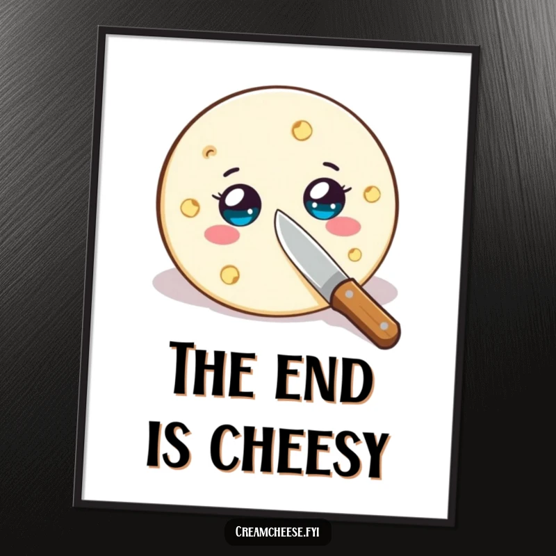 Funny cream cheese wheel poster, wide-eyed and being sliced by a tiny knife, a humorous piece of dairy-themed art.