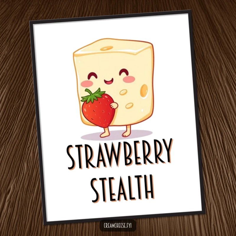 Funny Cream Cheese Poster of a cheerful cream cheese slice tiptoeing with a strawberry, adding a touch of cute and humorous food art to decor.