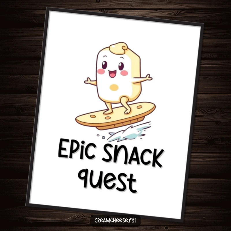 Funny Cream Cheese Surfer Poster: A happy cream cheese character surfs with joy on a giant cracker, creating a humorous and eye-catching piece of art.