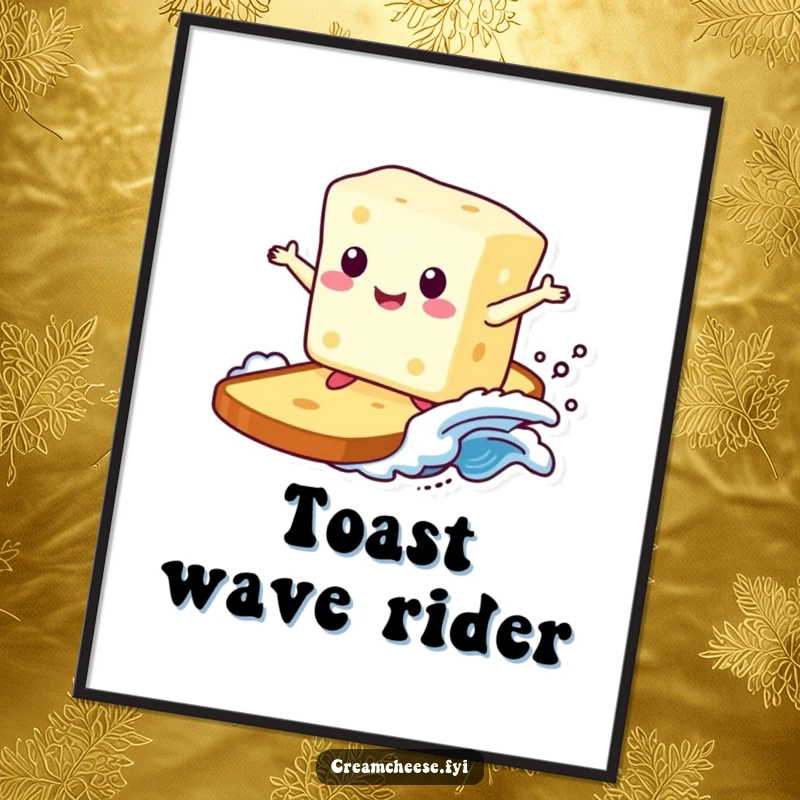 Funny poster showcasing a jubilant cream cheese block riding a toast wave with a surfboard, celebrating the joy of a perfect breakfast adventure.
