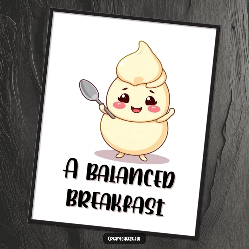 Funny cream cheese swirl poster, a cheerful character artfully balancing a tiny spoon, radiating joy and balance.