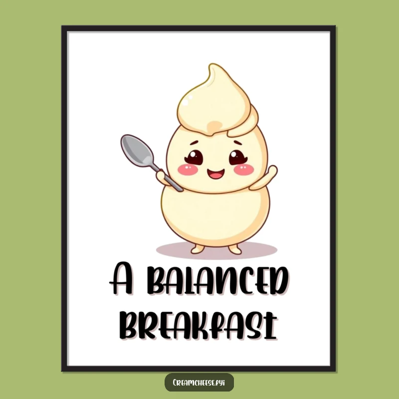 Funny Cream Cheese Swirl Poster Cheerful Character Balancing Spoon Art