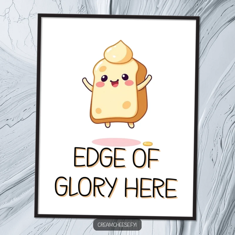Funny Poster art of a giddy cream cheese character joyfully bouncing on toast, radiating playful energy and spreadable fun.