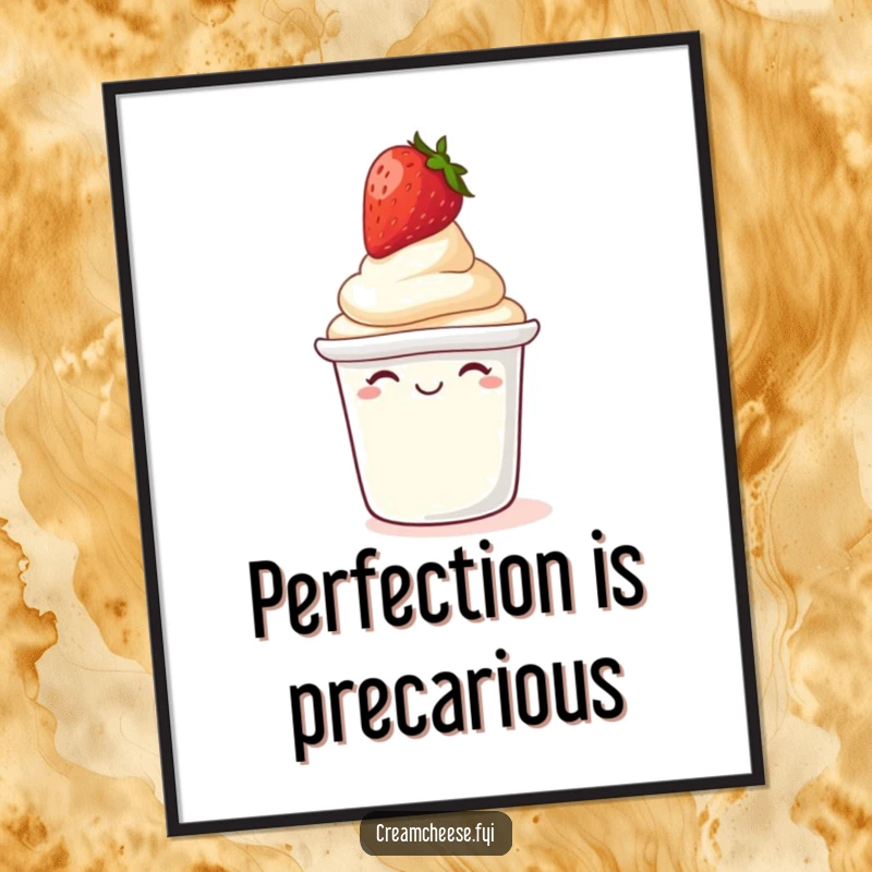 Funny Poster: Giggling cream cheese tub with a strawberry on its lid, humorous kitchen wall art.