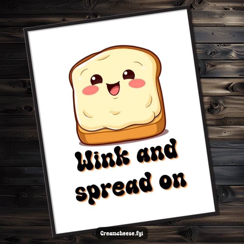 Funny Poster: Winking cream cheese wedge on toast, humorous kitchen wall art.