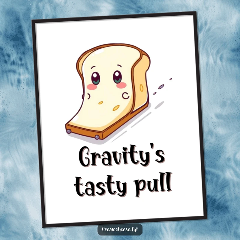 Funny Cream Cheese Toast Slide Poster: A cream cheese character with wide eyes eagerly slides down a toast slope, a comical image.