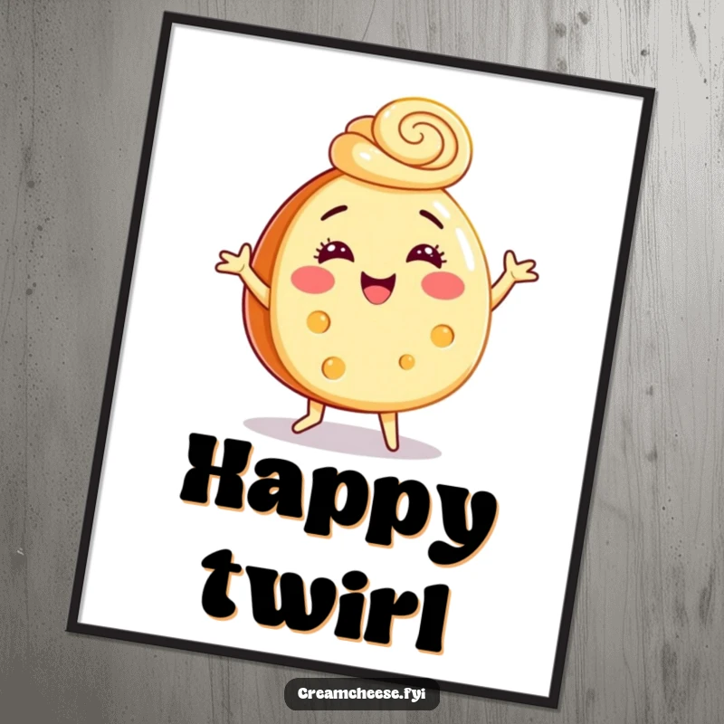 Funny poster art of a cream cheese wheel doing a happy dance, wearing a cinnamon swirl hat, adding festive cheer to decor.