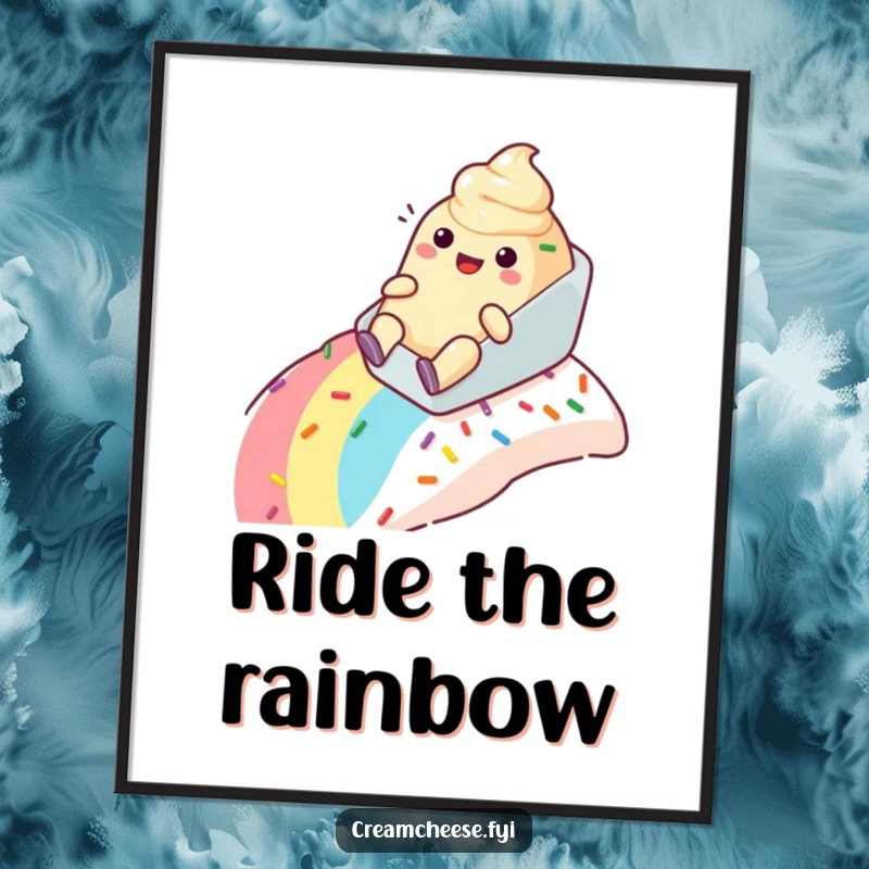 Funny cream cheese tub poster happily sliding down a rainbow sprinkle slope with a joyful expression, colorful and fun art.