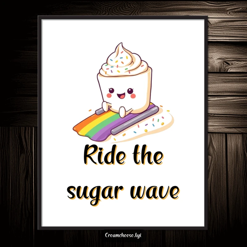 Funny cream cheese tub character experiencing a thrilling ride down a vibrant rainbow sprinkle slope, featured on a poster.