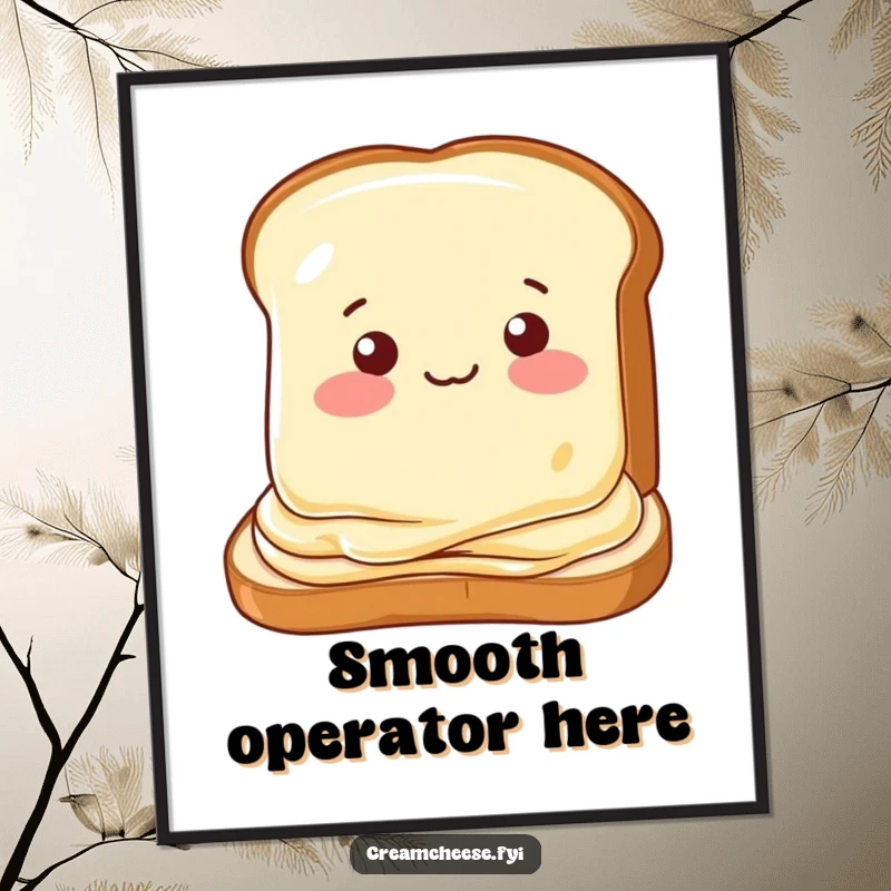 Funny poster of a cream cheese slice winking playfully on toast, a delightful and humorous piece of art.