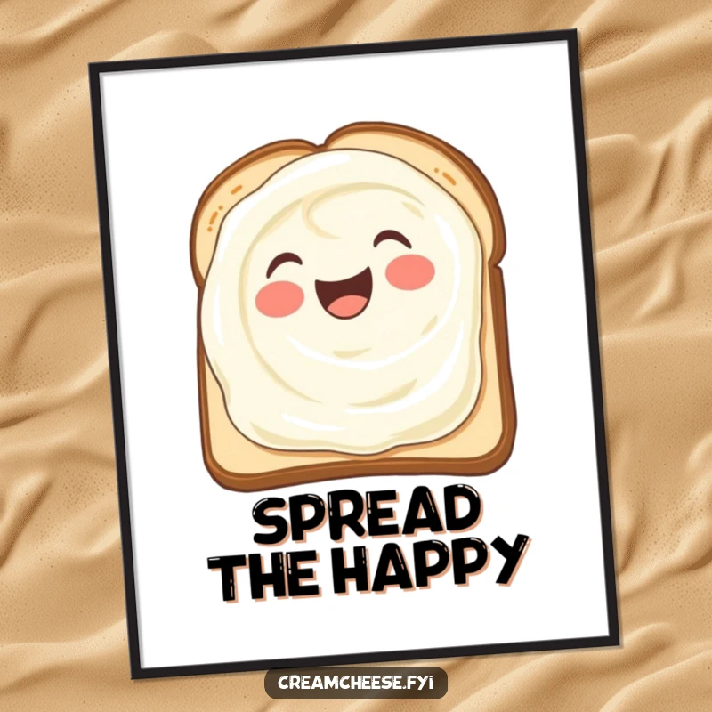 Funny poster art of a delighted cream cheese smear spreading itself with pure joy across a piece of toast, a breakfast masterpiece.