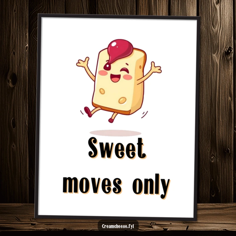 Funny cream cheese slice doing a joyful cartwheel with a dollop of jam, creating vibrant poster art.