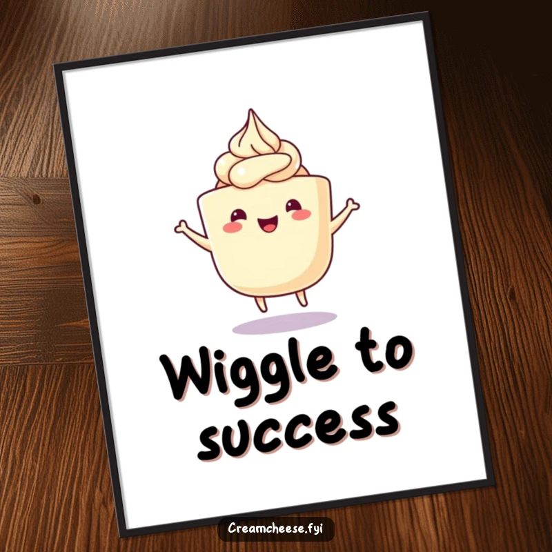 Funny Cream Cheese Poster featuring a happy cream cheese tub with frosting swirls doing a delightful wiggle dance, adding a touch of humor to decor.