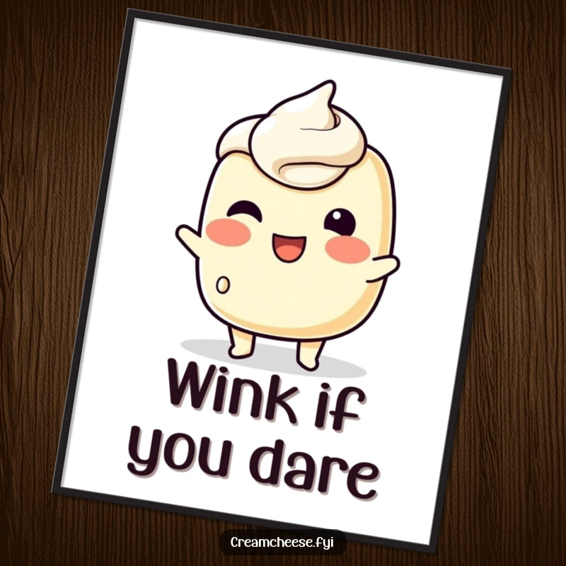 Funny Poster art of a playful cream cheese character trying to wink with its spreadable surface, ideal for humorous wall decor.