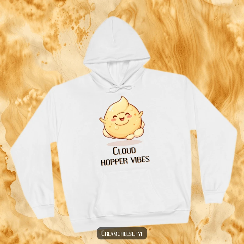 Funny Cream Cheese Blob Hoodie: A cheerful cream cheese blob happily bounces on a fluffy bagel cloud, cozy and full of joy.