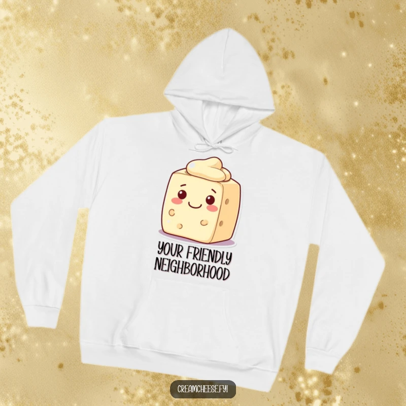 Funny cream cheese block hoodie, a character with a genuinely warm and welcoming smile, offering cozy comfort.