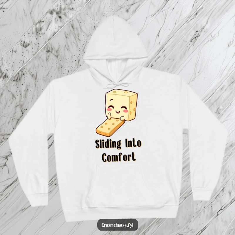 Funny hoodie with a cream cheese square character winking and sliding down a cracker, perfect for cozy, humorous moments.