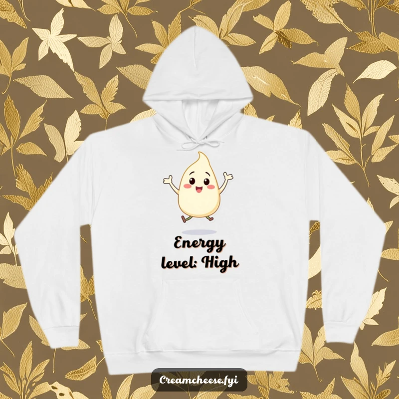 Funny cream cheese dollop hoodie, a happy character doing jumping jacks, embodying playful energy and warmth.