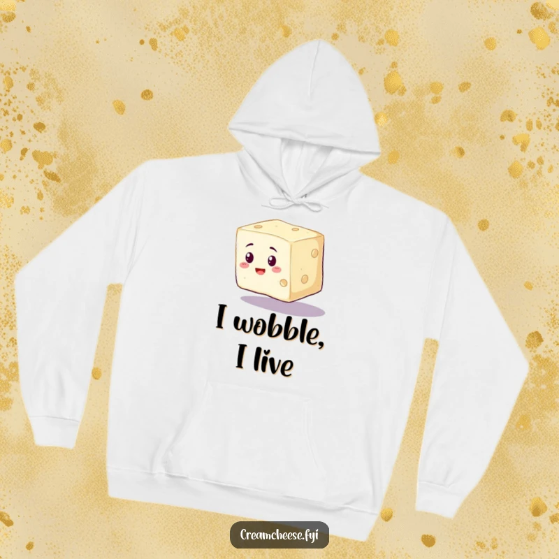 Funny Cream Cheese Hoodie showcasing a wobbly cream cheese cube wobbling precariously, a cozy foodie gift.