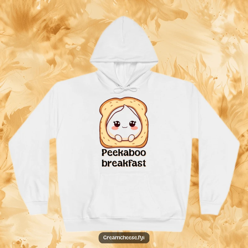 Funny hoodie with a bubbly cream cheese character peeking from a toasted bread hole, radiating playful curiosity.