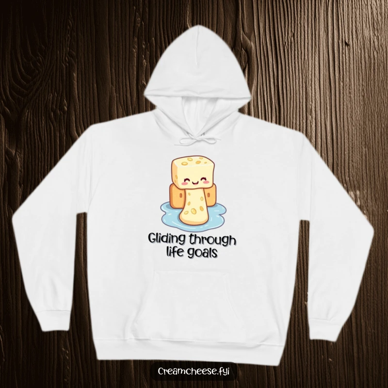 Funny hoodie depicting cream cheese on a waterslide adventure down a cracker, a humorous and cozy design.