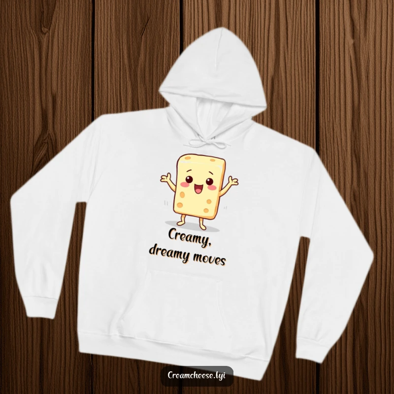 Funny hoodie with a cream cheese block character doing a lively, silly dance, perfect for staying warm and spreading cheer.