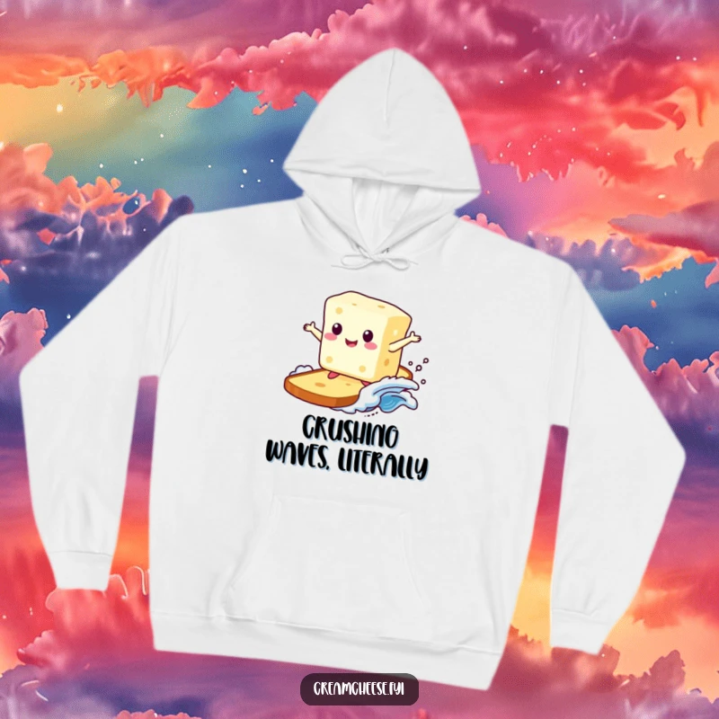Funny hoodie depicting a beaming cream cheese block catching a wave on a toast surfboard, radiating sunny vibes and breakfast delight.