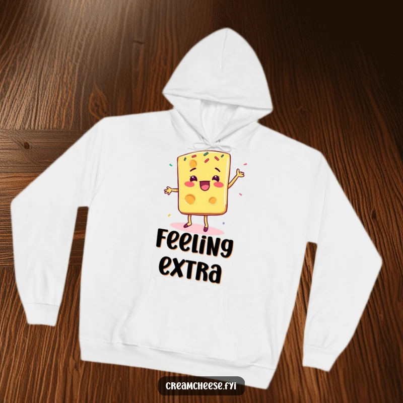 Funny cheese slice hoodie, depicting a delighted character happily dancing surrounded by vibrant sprinkles.