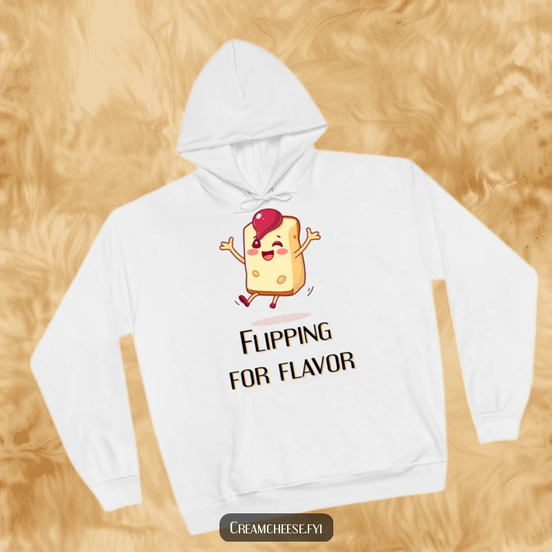 Funny animated cream cheese slice with jam on its head doing a joyful cartwheel, featured on a hoodie.