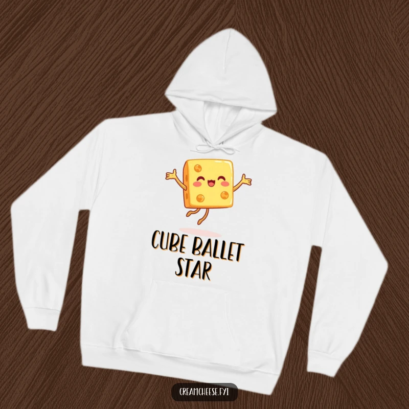 Funny hoodie showing a happy cheese cube gracefully performing a pirouette, embodying joy and a love for dance.