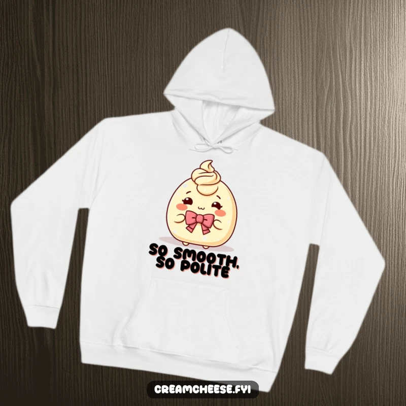 Funny Hoodie depicting a charming cream cheese character performing a gracious bow, offering a bit of spread, perfect for cozy, humorous wear.