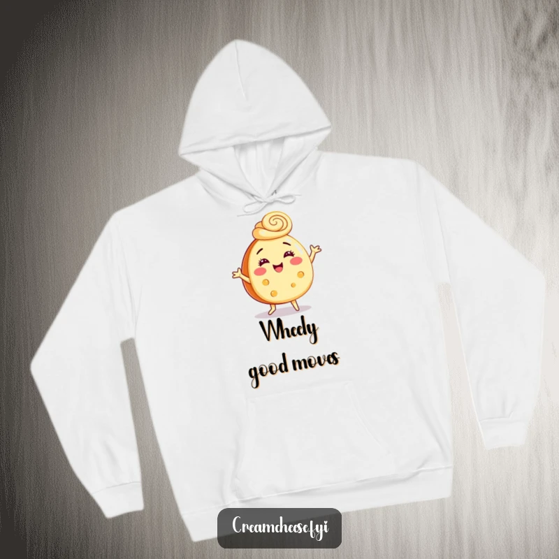 Funny hoodie depicts a smiling cream cheese wheel dancing joyfully, complete with a charming cinnamon swirl hat.