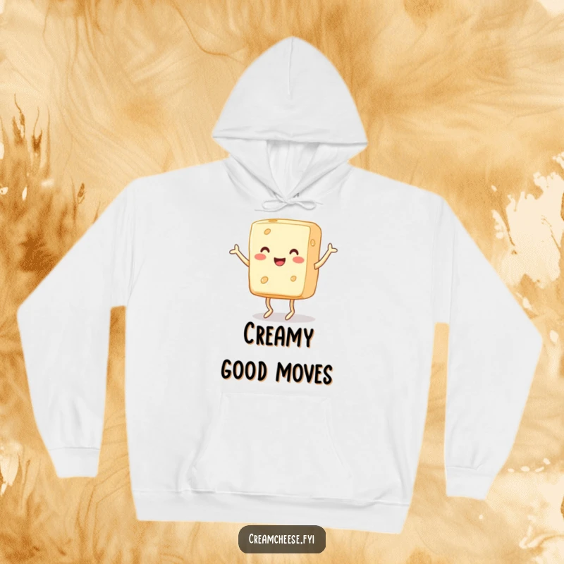Funny Hoodie: A cheerful block of cream cheese with small, active legs performs a joyful jig, looking incredibly happy and energetic.