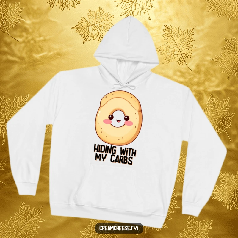 Funny Hoodie: A shy wedge of cream cheese with rosy cheeks peeks cautiously from behind a cheerful bagel, looking endearingly bashful.