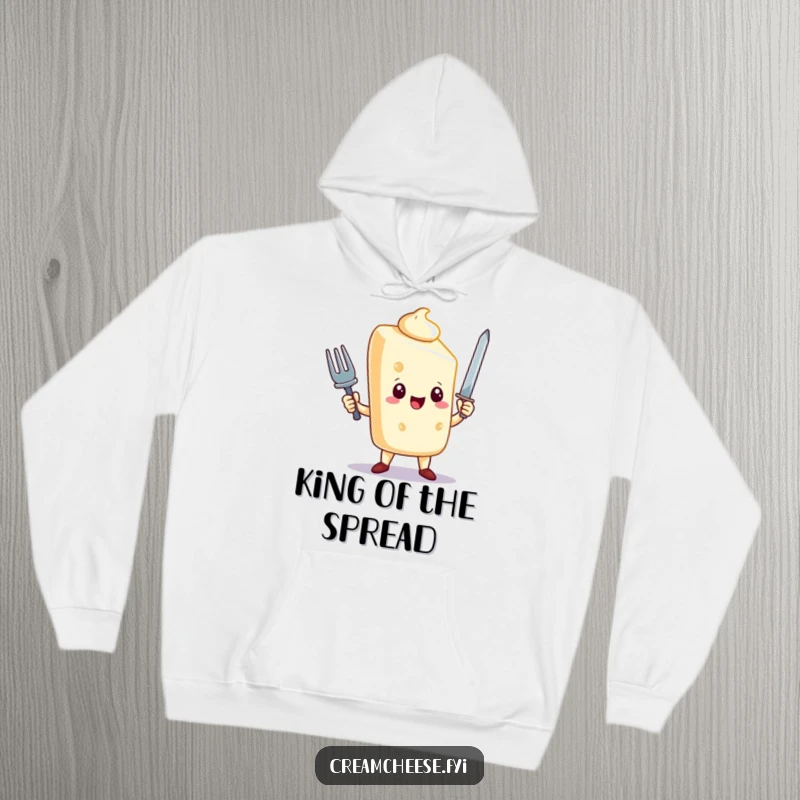 Funny cream cheese character hoodie triumphs with a tiny fork sword, cozy and warm, ideal funny gift for heroes.