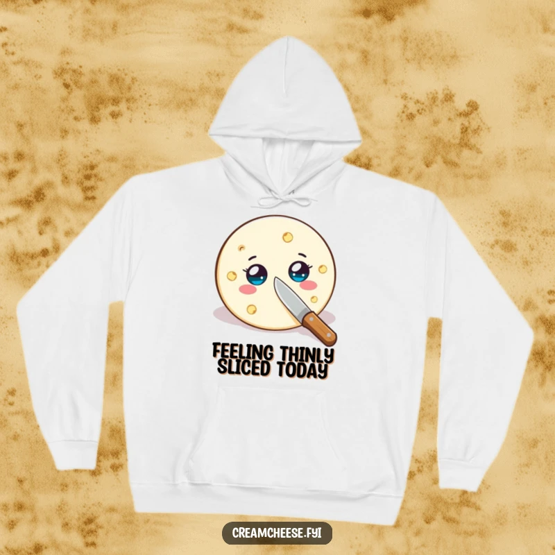 Funny cream cheese wheel hoodie, wide-eyed and about to be sliced with a miniature knife, a comical dairy situation.