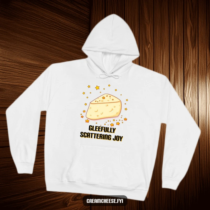 Funny Cream Cheese Stars Hoodie: A cream cheese wedge joyfully scatters tiny edible golden stars, a cozy and magical scene.