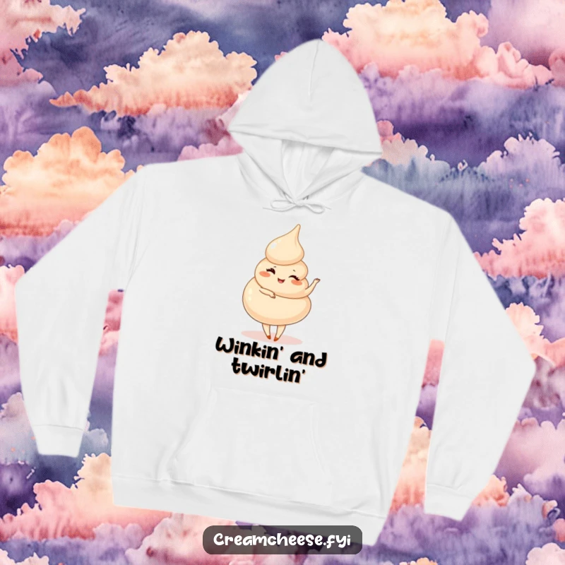 Funny Cream Cheese Swirl Hoodie: A playful cream cheese swirl winks and performs a pirouette, a cozy dancer.